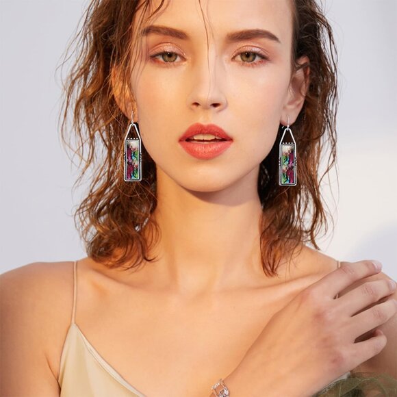 Red GreenHandmade Bohemian Tribal Retro Colorful Square Bar Dangle Drop Earring - Picture 4 of 6